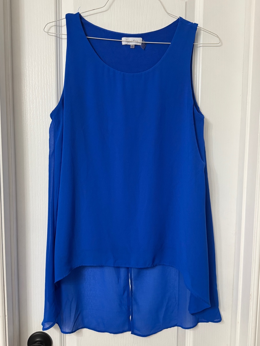 Calvin Klein Chiffon Overlay High-Low Sleeveless Blouse royal blue size M